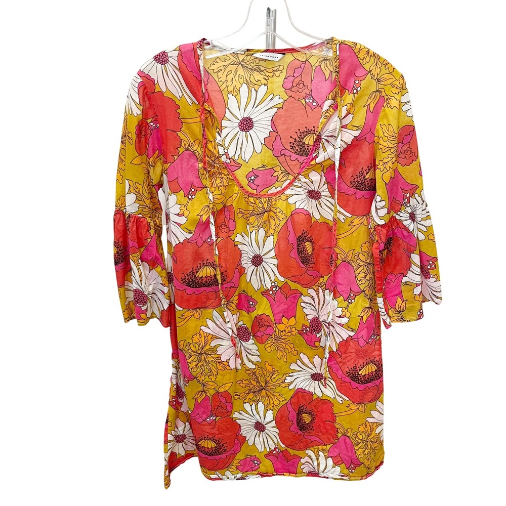 Trina Turk Floral Swim Cover Up Dress Bell Sleeve Tunic Pink Orange Yellow SMALL
